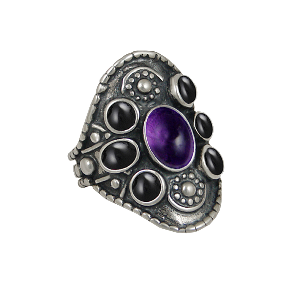 Sterling Silver High Queen's Ring With Amethyst And Black Onyx Size 7